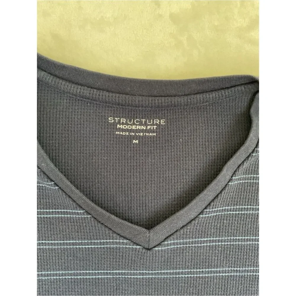 Structure Modern Fit Mens Medium Blue Striped Thermal Waffle Knit V Neck Shirt M